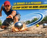 Un joueur de pétanque lance une boule qui éclabousse de terre. La donnée à la pétanque, le coup secret des bons joueurs.