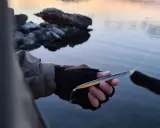Person med fiskeutrustning håller en laxdrag i handen vid vattnet.