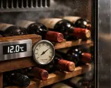Cave à vin avec bouteilles rangées. Un thermomètre affiche 12.0°C, garantissant la température idéale pour la conservation.
