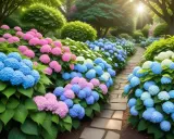 En solig trädgårdsväg kantad av rikligt blommande hortensia sorter i rosa, blått och vitt.