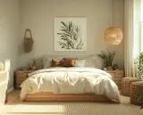 Chambre feng shui apaisante avec lit bas en bois, linge de lit clair, plantes vertes et lumière naturelle douce.