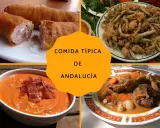 Cuatro platos de comida andaluza: croquetas, pescaíto frito, salmorejo y rabo de toro.