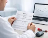 Lekarz analizuje wyniki badania HbA1c, które wskazują na normę. Obok leży glukometr i probówka z krwią.