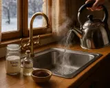 Une astuce de grand-mère pour l'odeur de canalisation : bicarbonate, vinaigre et eau bouillante versés dans l'évier.