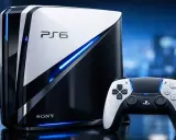 Console PlayStation 6 futuriste, blanche et noire, avec éclairage bleu vif. Manette assortie à proximité.
