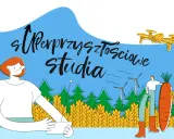 Ilustracja promuje "Superprzyszłościowe studia" na Uniwersytecie Przyrodniczym w Poznaniu. Widzimy ludzi, pola, wiatraki i drona.