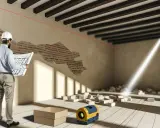 Arquitecto revisa planos para saber como tirar un tabique. Láser de construcción y escombros en el suelo.