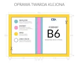 Schemat oprawy B6 z wymiarami i opisem elementów: wpalenie, grzbiet, spad, linia cięcia.