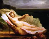 Venus, die Göttin der Liebe, ruht in einer Muschel am Ufer. Was ist akt.