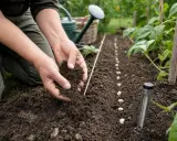 Mains tenant de la terre pour semer des haricots verts, suivant la tradition de semer avec la lune. Un thermomètre de sol est planté à proximité.