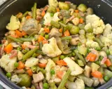 Un plato abundante de menestra de verduras, con brócoli, zanahoria, judías verdes, guisantes y trozos de tocino.