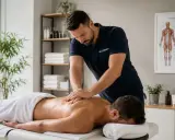 Fizjoterapeuta wykonuje masaż tkanek głębokich pleców pacjenta leżącego na kozetce. W tle widać plakat z układem mięśniowym.