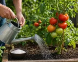 Arrosage d'un plant de tomates mûrissant, prêt pour un gourmand tomate.