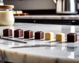 Cubes de chocolat noir et blanc alignés sur un marbre, prêts pour le temperage chocolat blanc. Une cuillère dorée repose à côté.