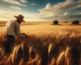 Un contadino con cappello di paglia esamina il grano maturo in un campo dorato al tramonto. La roba riassunto: il ciclo della vita e del raccolto.
