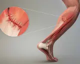 Dettaglio di lesioni muscolari con suture, illustrando il trattamento chirurgico per la riparazione.
