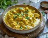 En skål med krämig kyckling currysås, toppad med färsk persilja. En härlig rätt som doftar av kryddor och värme.