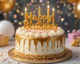 Tarta dorada con "Happy Birthday" y confeti. Ideas para como hacer tartas de cumpleaños espectaculares.
