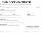 Świadectwo chrztu, dokument niezbędny do zawarcia sakramentu małżeństwa. Zawiera dane o chrzcie, rodzicach i bierzmowaniu.
