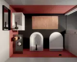 Bagno moderno con wc e bidet di fronte, tappeto in juta e lavabo squadrato.