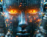 Twarz robota z płonącymi oczami, pokryta obwodami i migoczącymi światłami. To jak cyfrowa notacja o.
