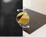 Przed i po: zarysowana płyta indukcyjna kontra lśniąca, z bananem w tle.
