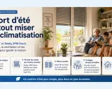 Une famille profite d'un confort thermique d'été à l'intérieur, avec des volets intelligents et une ventilation pour une maison fraîche.