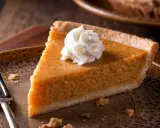 Kawałek pysznego pumpkin pie z bitą śmietaną na talerzu, gotowy do zjedzenia.