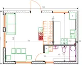 Projekt wnętrza domu 35m2: salon z kanapą i stolikiem, aneks kuchenny, łazienka.