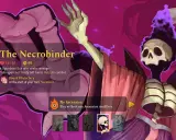 Postać "The Necrobinder" z gry Slay the Spire 2. Lich z kości, z kosą i płonącą czaszką, gotowa do walki.