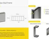 Panel GRC tipo Stud-Frame con bastidor metálico y conectores. Muestra dimensiones y composición.