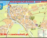 Mapa Ustki z zaznaczonymi atrakcjami, w tym połączeniem plaży kładką zachód-wschód. Znajdziesz tu port, promenadę, centrum kultury i wiele innych ustka atrakcje.