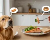Golden retriever marzy o parówce, ale wie, czego nie może jeść pies – zdrowy łosoś z brokułami czeka na talerzu.
