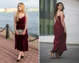 Dwie kobiety w bordowych sukienkach. Pierwsza ma czarne szpilki, druga beżowe sandałki. Jakie buty do bordowej sukienki? Oto inspiracje.