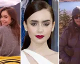 Lily Collins i en gul kajak, nära en sjö med berg. Lily Collins med smink och rött läppstift. Lily Collins i en dunjacka och mössa i naturen.
