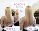Przed i po zabiegu botoks na włosy w domu. Blond włosy stały się gładkie i lśniące.