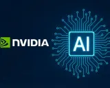 Logo NVIDIA i symbol AI na tle wykresu giełdowego. Nvidia akcje rosną dzięki sztucznej inteligencji.