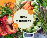 Kolorowe warzywa: dynia, brokuły, papryka, marchew, szparagi, brukselka, pomidory, groszek. Tekst: Dieta moczanowa.