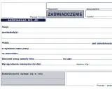 Formularz zaświadczenia o zatrudnieniu, zawierający dane pracownika, stanowisko, wynagrodzenie i cel wydania dokumentu.
