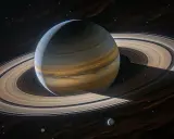Saturn, majestatyczny **Saturn znak zodiaku**, otoczony pierścieniami, lśni w kosmosie.
