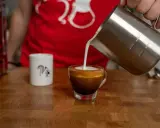 Milchschaum fließt in einen Espresso, um einen perfekten Espresso Macchiato zu kreieren.