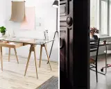 Två inspirerande hemmakontor. Ett med glasbord och trästol, ett annat i köket med grön köksinredning och en snurrstol.