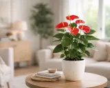 Anthurium rouge vif, une langue de feu éclatante, sur une table basse dans un salon cosy.