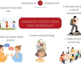 Grafika pokazuje 5 kroków do budowania pewności siebie przez **asertywność**: stawianie granic, wyrażanie potrzeb, dialog wewnętrzny, konsekwencja i kurs.