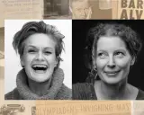 Barbro Alving, en pionjär inom svensk journalistik, porträtterad i olika epoker. Hennes livsverk speglas i tidningsurklipp och moderna foton.