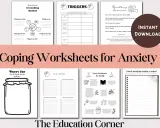 Zestaw kart pracy "Coping Worksheets for Anxiety" pomaga radzić sobie z lękiem, oferując ćwiczenia takie jak metoda uziemiająca i techniki oddechowe.
