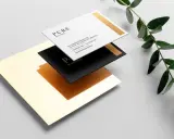 Diseño elegante de tarjetas de visita PURE Beauty Boutique. Ideas para como diseñar una tarjeta de visita con detalles dorados y tipografía minimalista.