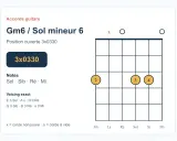 Diagramme d'accord de guitare pour le **accord sol mineur** 6 (Gm6), position ouverte 3x0330. Notes : Sol, Sib, Ré, Mi.