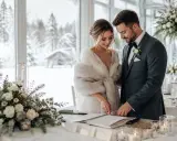 Para młoda przygląda się księdze gości podczas uroczystego wesela w stylu zimowym. W tle śnieżny krajobraz.