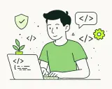 Młody programista pracuje przy laptopie, otoczony symbolami kodu i rozwoju. Angielski w IT to klucz do jego sukcesu.